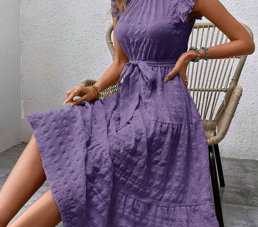 Tied Ruffled Cap Sleeve Midi Dress