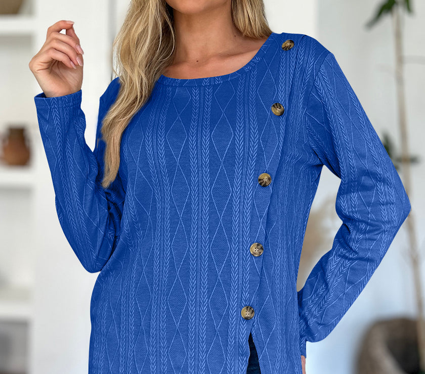 FAM-FAM Slit Round Neck Long Sleeve T-Shirt