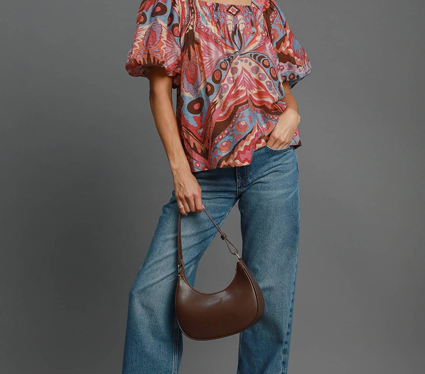 Umgee Full Size Abstract Print Smocked Square Neck Puff Sleeve Blouse