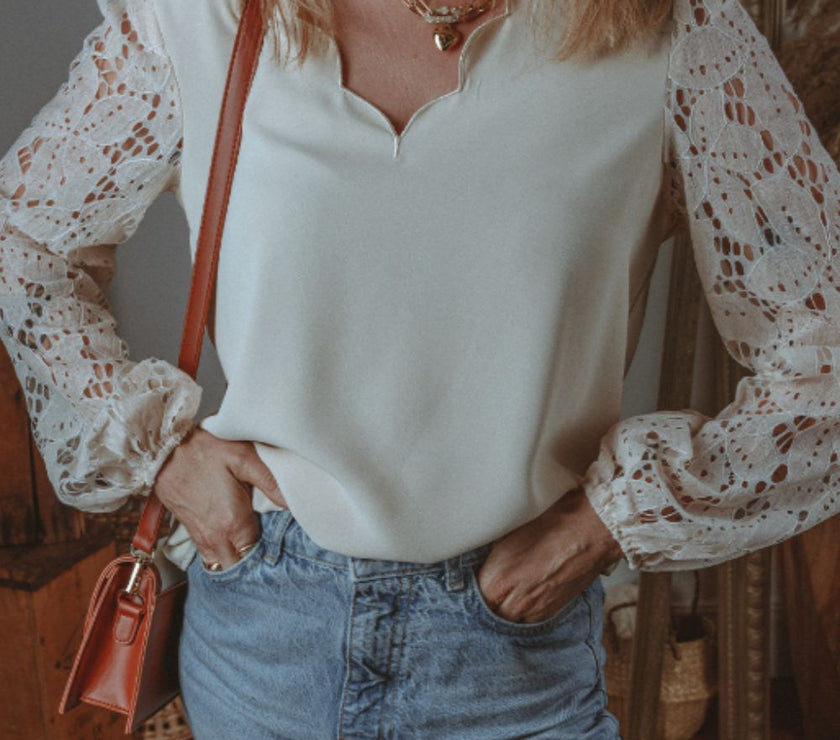 V Neck Lace Balloon Sleeve Blouse
