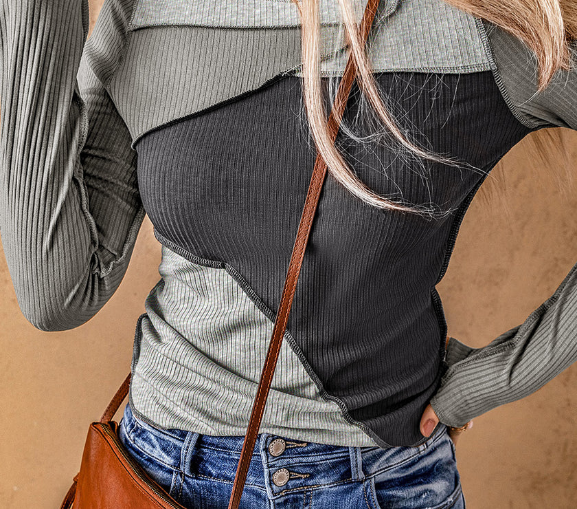 Exposed Seam Contrast Round Neck Long Sleeve T-Shirt