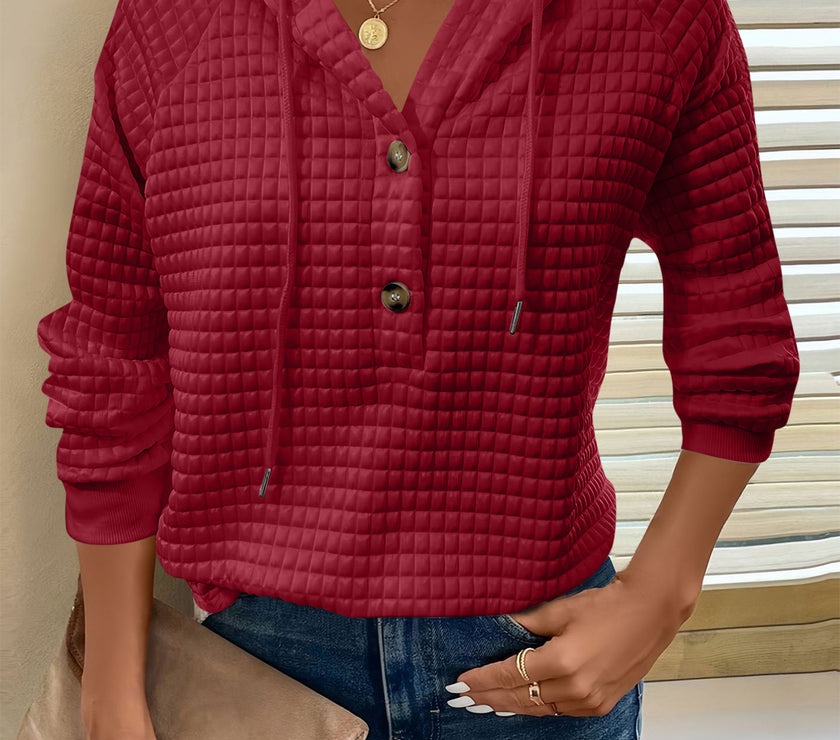 Full Size Texture Button Detail Drawstring Long Sleeve Hoodie