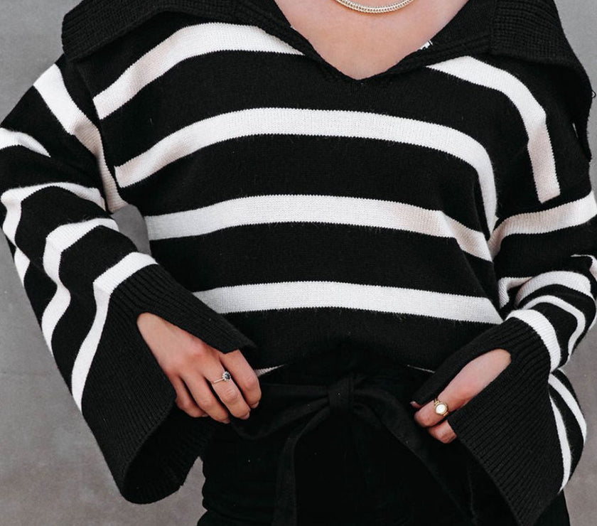 Striped Johnny Collar Long Sleeve Sweater