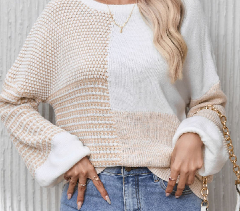 Contrast Round Neck Long Sleeve Sweater