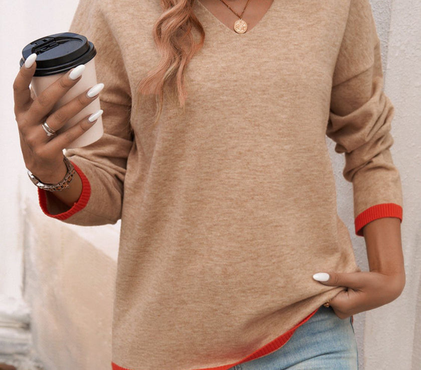 Devine Contrast Trim V-Neck Dropped Shoulder Sweater