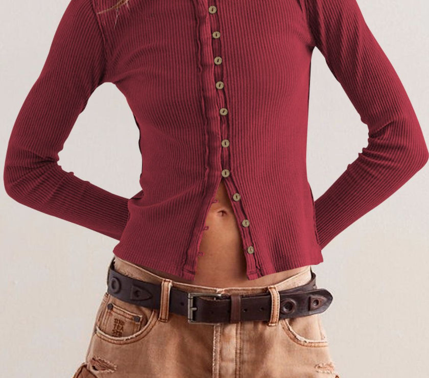 Ribbed Round Neck Long Sleeve Top