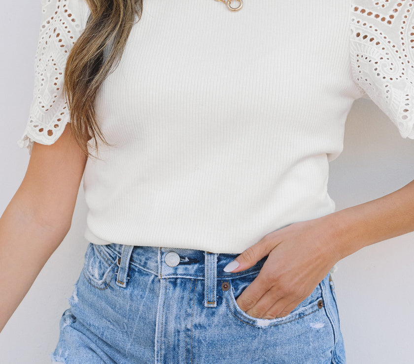 White Eyelet Pattern Short Sleeve Patchwork Ribbed Top