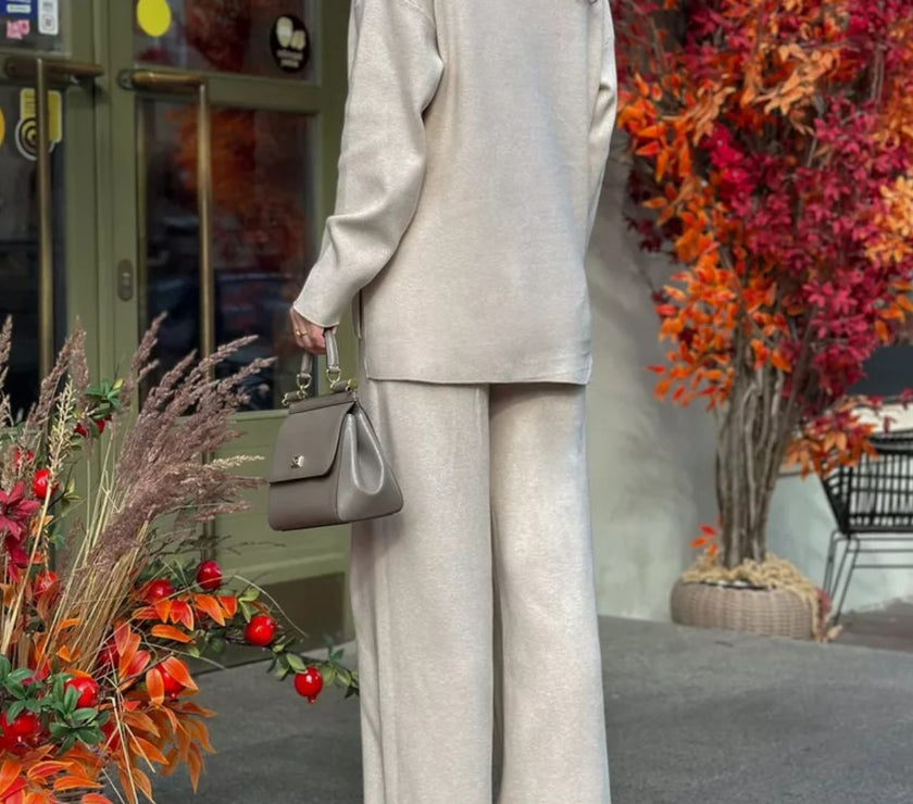 Slit Mock Neck Top and Pants Sweater Set