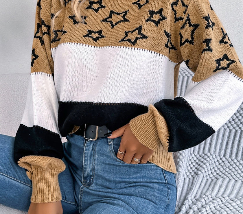 Star Contrast Round Neck Sweater
