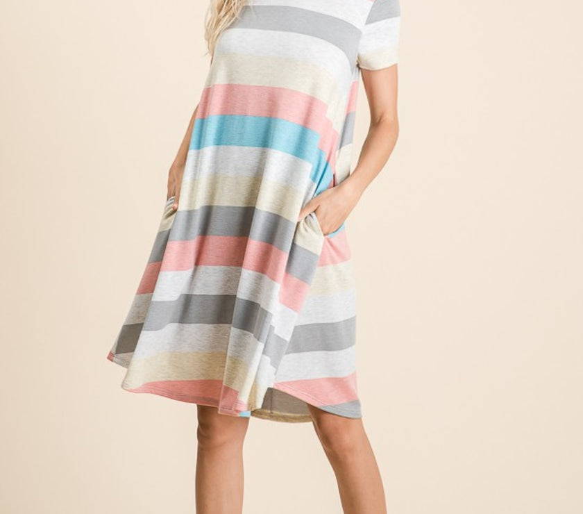 BOMBOM Striped Short Sleeve Dress with Pockets