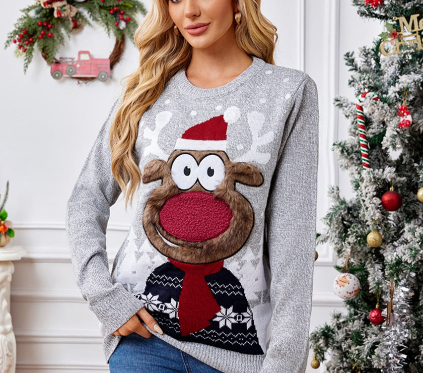 Reindeer Round Neck Long Sleeve Sweater