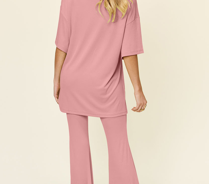 Double Take Full Size Round Neck Drop Shoulder T-Shirt and Flare Pants Set