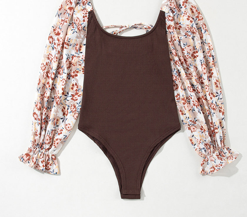 Scoop Neck Printed Flounce Sleeve Bodysuit