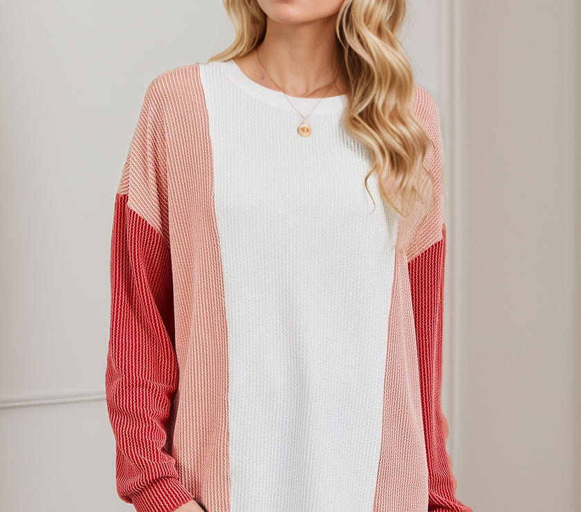 Double Take Texture Contrast Round Neck Long Sleeve T-Shirt