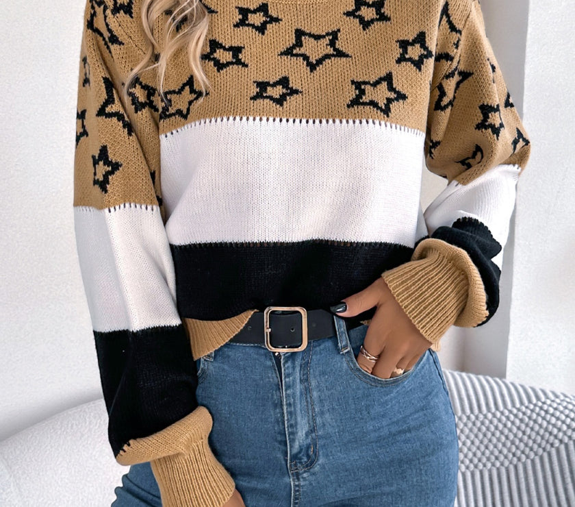 Star Contrast Round Neck Sweater