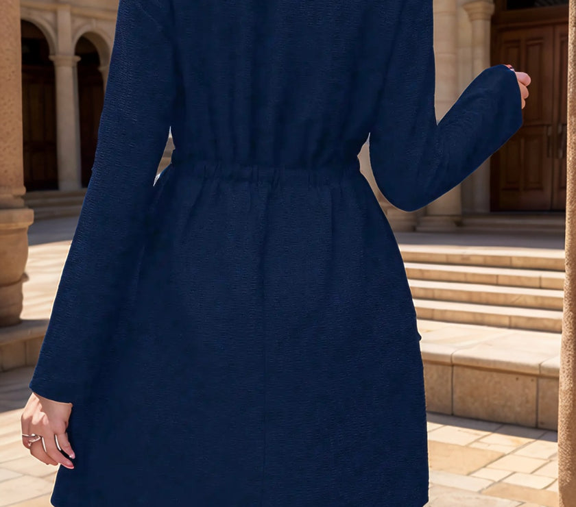 Drawstring Waist Notched Long Sleeve Dress