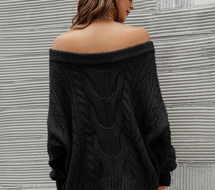 Cable Knit Openwork Off-Shoulder Sweater