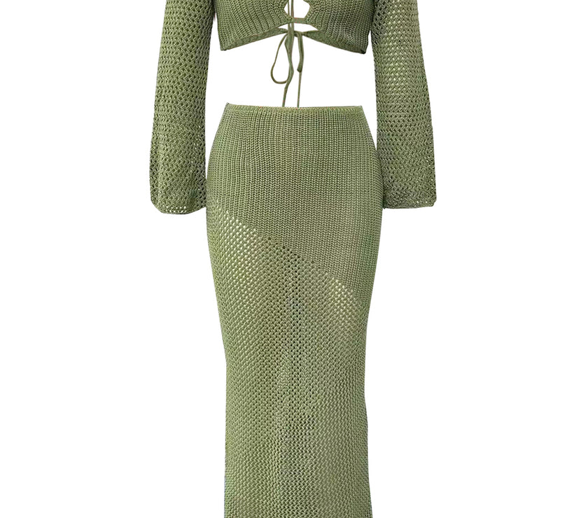 Tied Long Sleeve Top and Skirt Cover Up Set