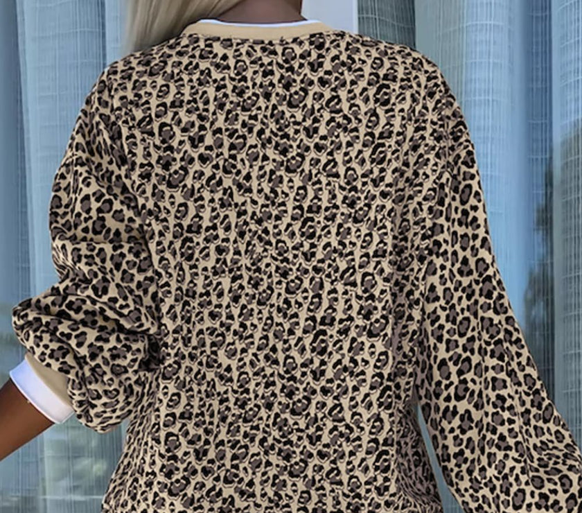 Slit Leopard Round Neck Long Sleeve Sweatshirt