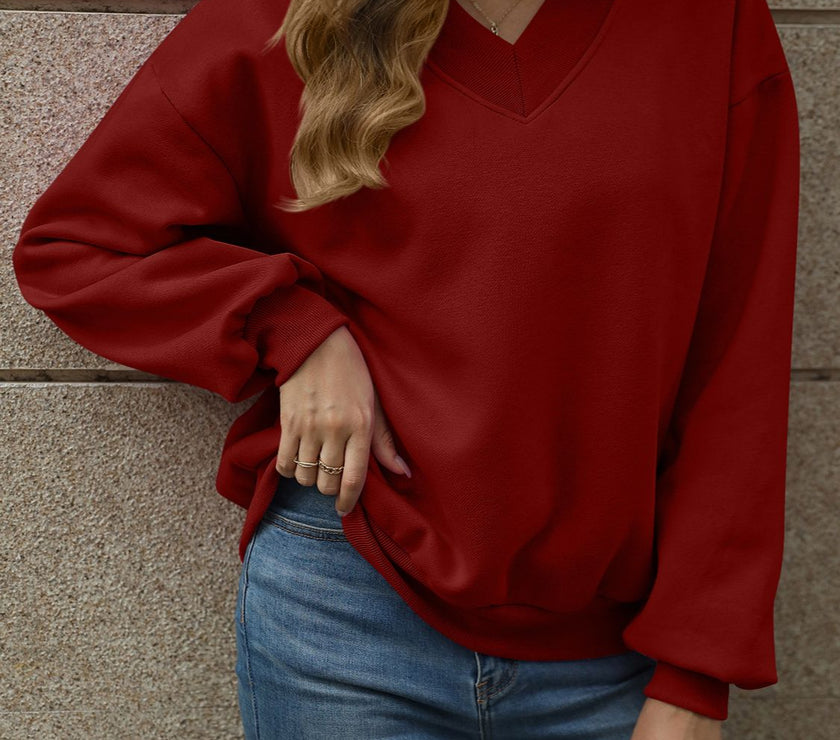 V-Neck Long Sleeve Dropped Shoulder Sweatshirt