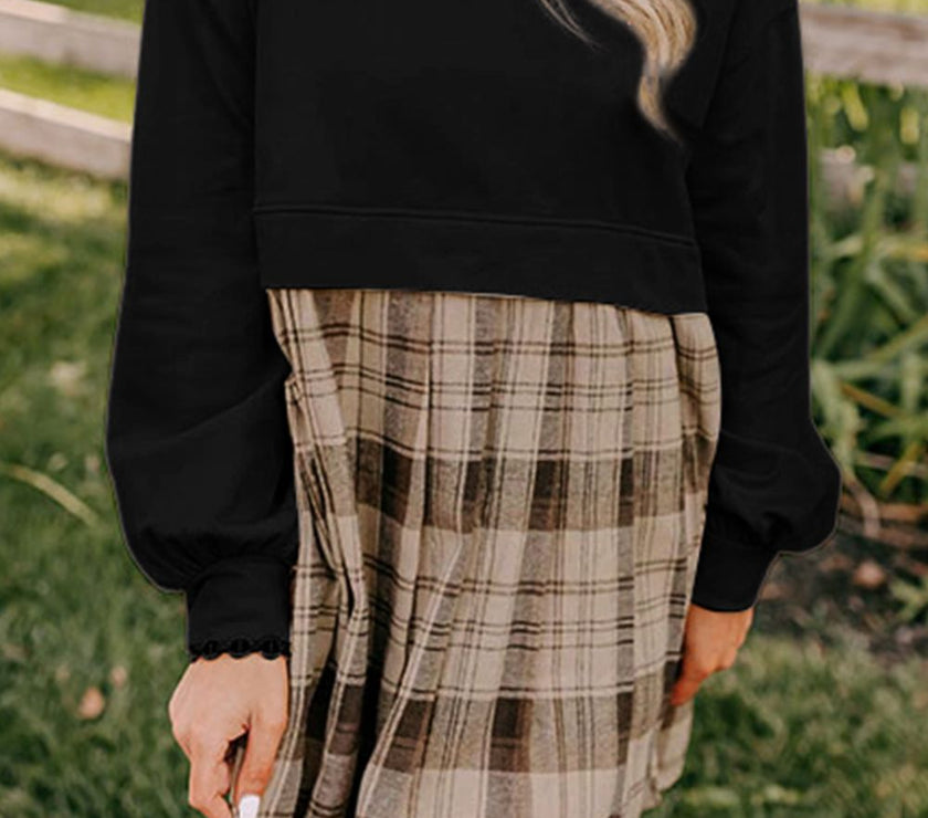 Plaid Round Neck Long Sleeve Mini Dress