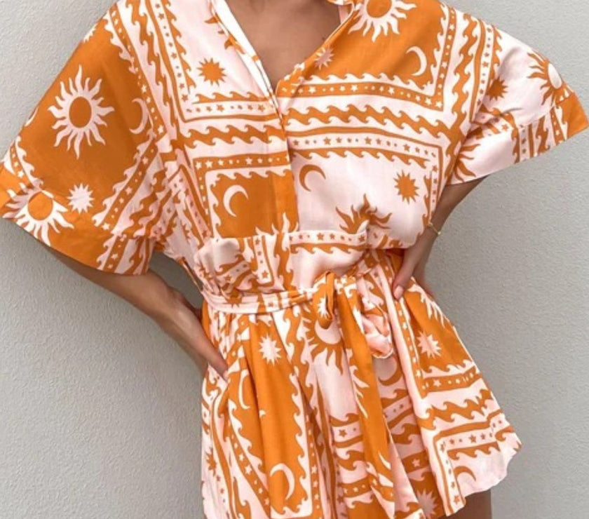 Printed Tie Waist Half Sleeve Romper