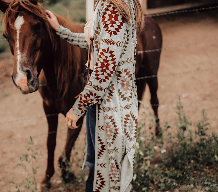 Brown Western Aztec Printed Open Front Long Cardigan