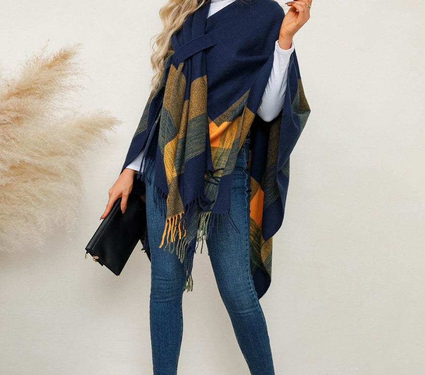 Fringe Contrast Plaid Poncho