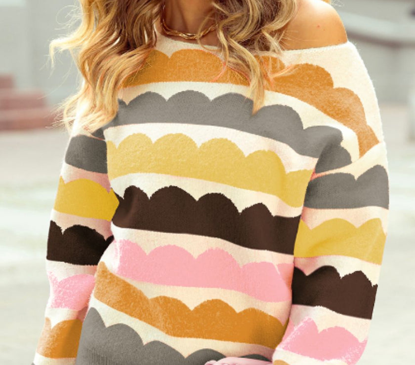 Contrast Boat Neck Long Sleeve Sweater