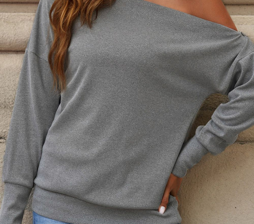 Single Shoulder Long Sleeve Sweatshirt with Zip