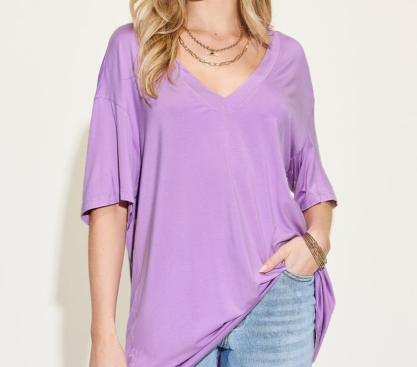 Basic Bae Full Size Bamboo V-Neck Drop Shoulder T-Shirt