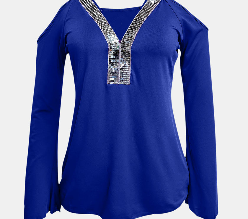 Sequin V-Neck Cold Shoulder Top