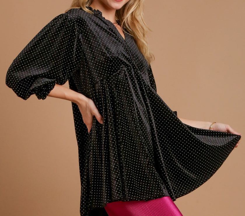 Umgee Full Size Beaded Frill Flounce Sleeve Velvet Babydoll Blouse