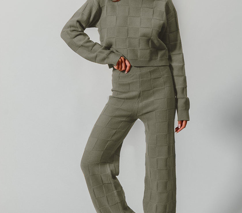 Double Take Full Size Checkered Round Neck Top and Pants Set