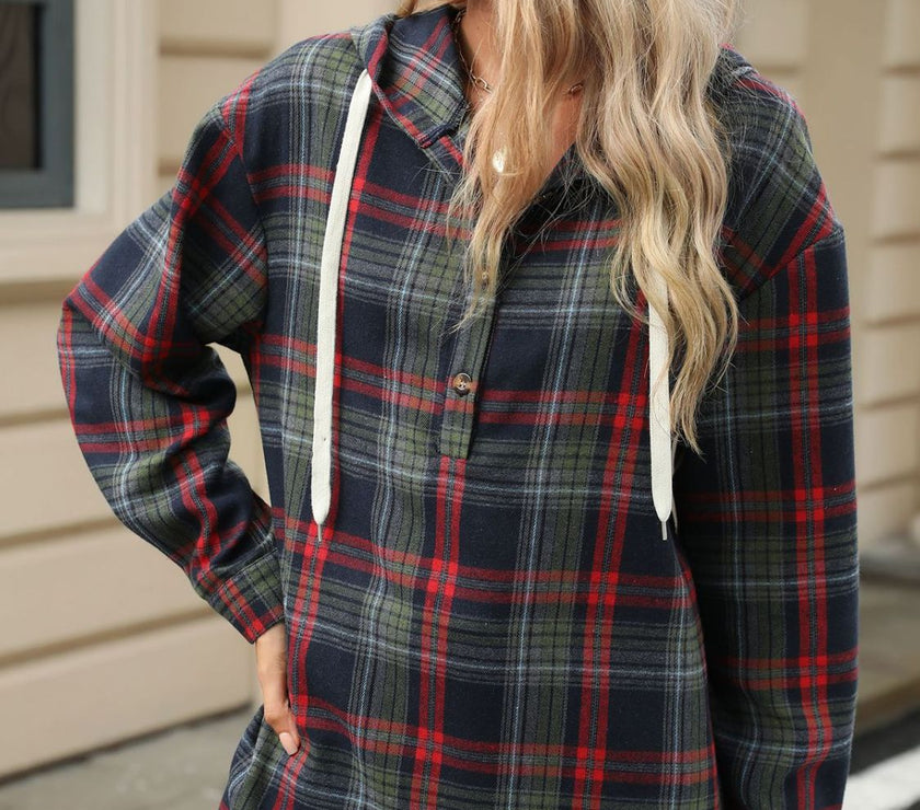 Drawstring Plaid Hooded Long Sleeve Top