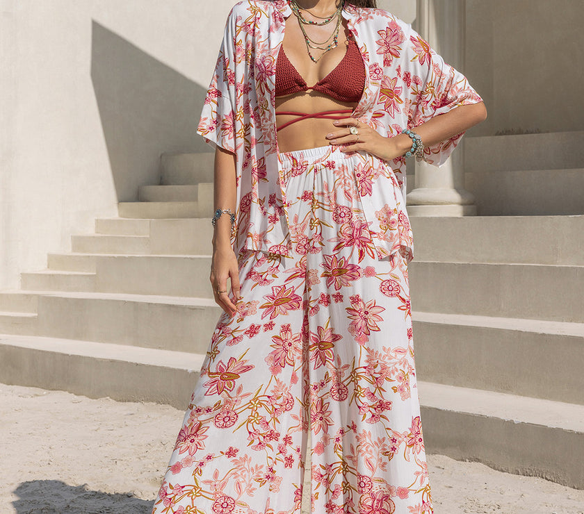 Printed Open Front Half Sleeve Top and Pants Set