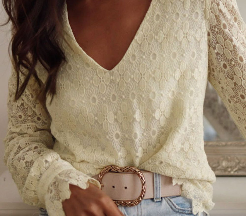Lace Detail V-Neck Long Sleeve Blouse