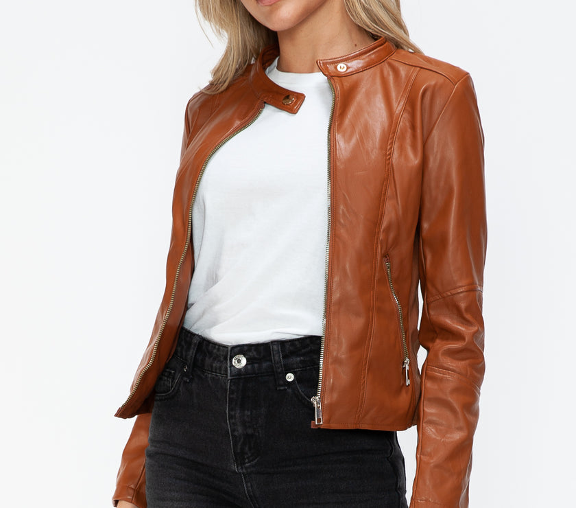 Snobbish Faux Leather Zip Up Drawstring Hooded Jacket