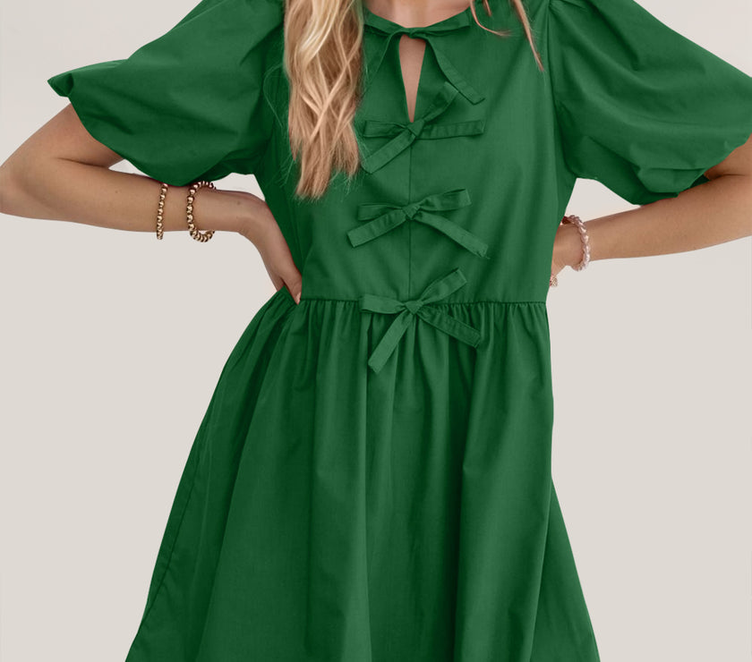 Oh Bow Ruched Puff Sleeve Mini Dress