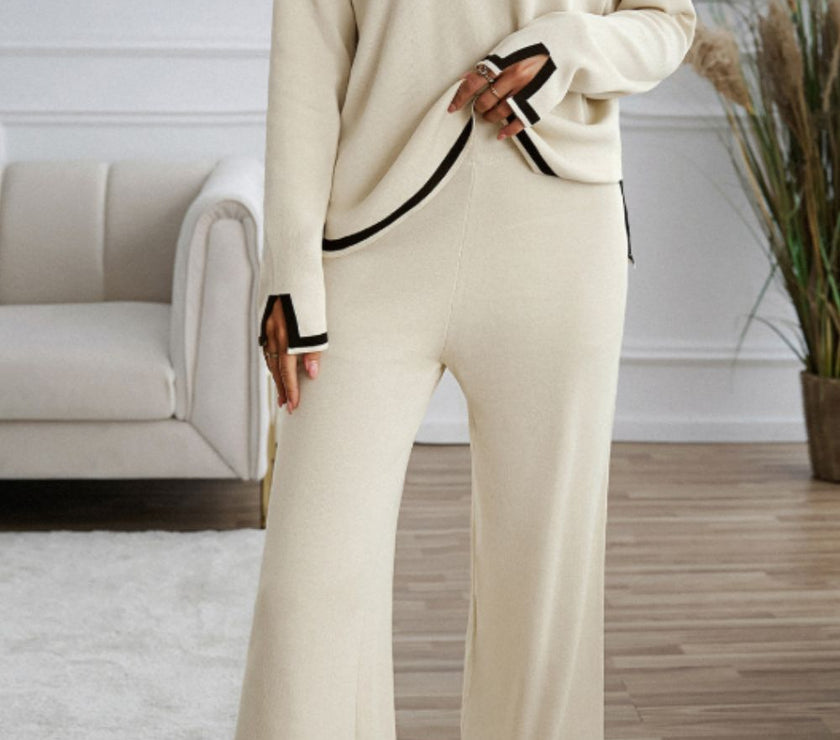 Contrast Trim Round Neck Top and Pants Sweater Set