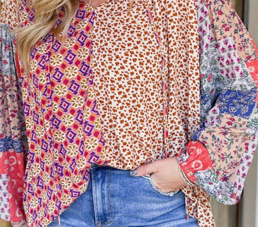 Printed Tie Neck Long Sleeve Blouse
