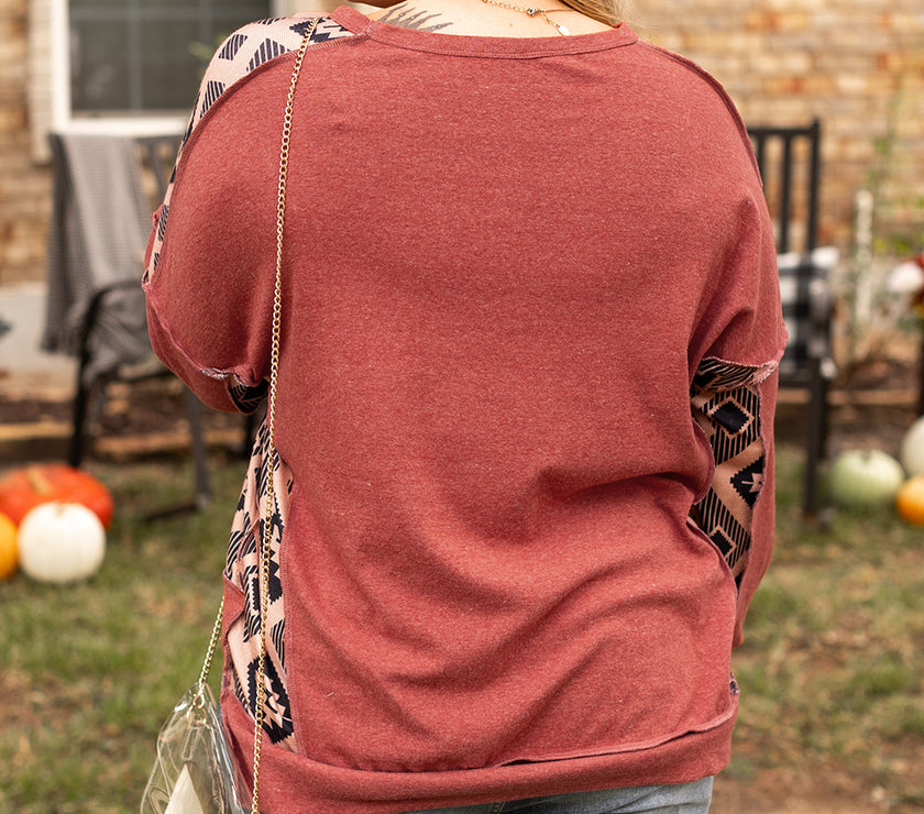 Redwood Burl Aztec Patchwork Drop Shoulder Plus Size High Low Sweatshirt