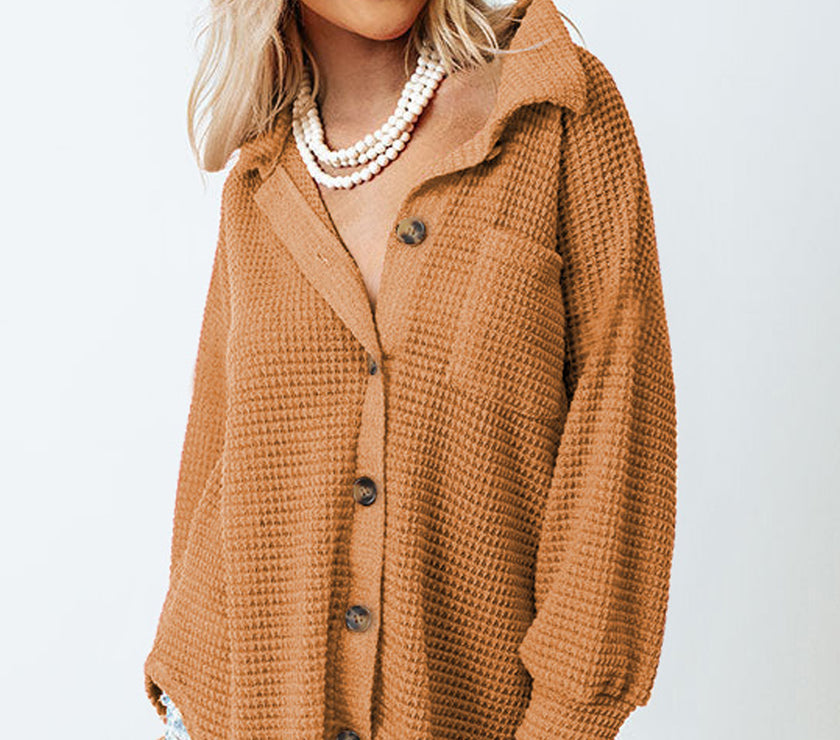 Waffle-Knit Collared Neck Long Sleeve Shirt