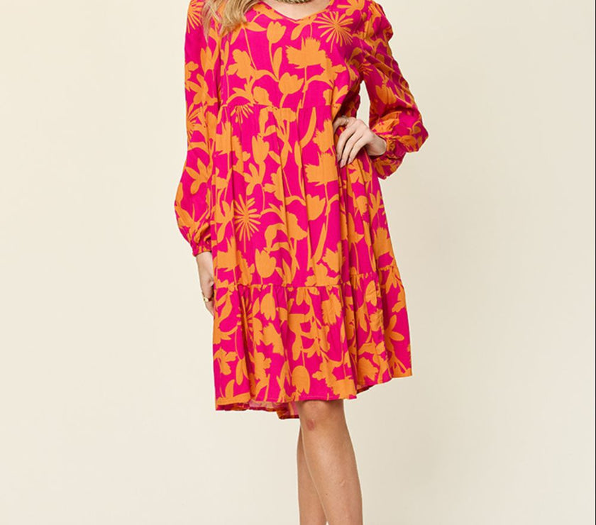 Double Take Full Size Printed Ruffle Hem Dress with Pocket