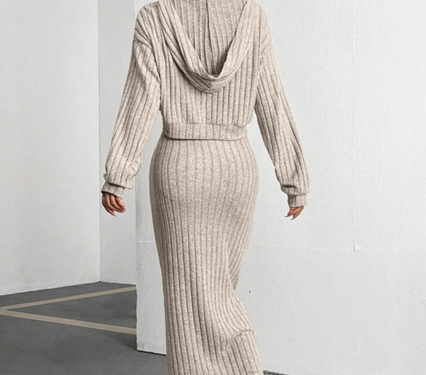 Ribbed Cropped Hooded Top and V-Neck Tank Dress Set