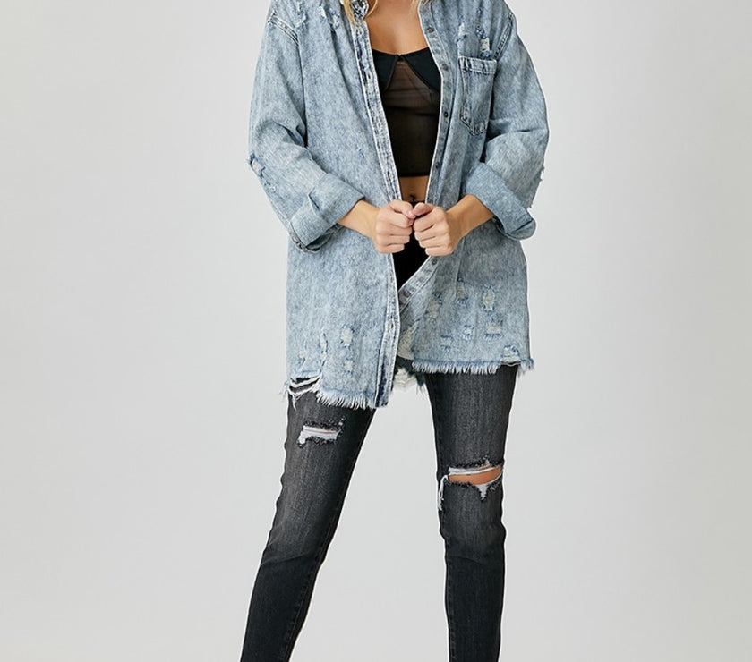 RISEN Distressed Raw Hem Denim Shirt