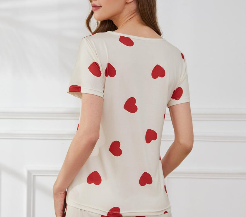 Heart Round Neck Top and Shorts Lounge Set