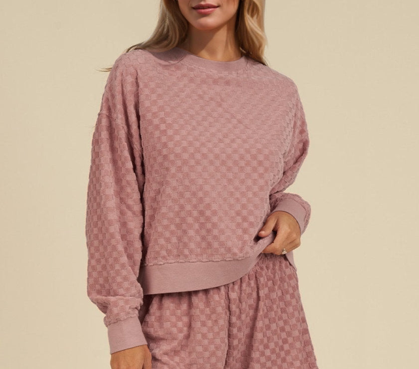 Oh Checkered Round Neck Long Sleeve Top and Shorts Set