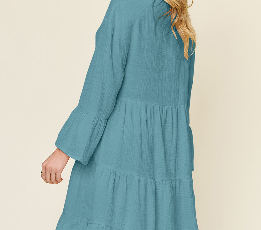 Double Take Full Size Texture Button Up Ruffle Hem Dress