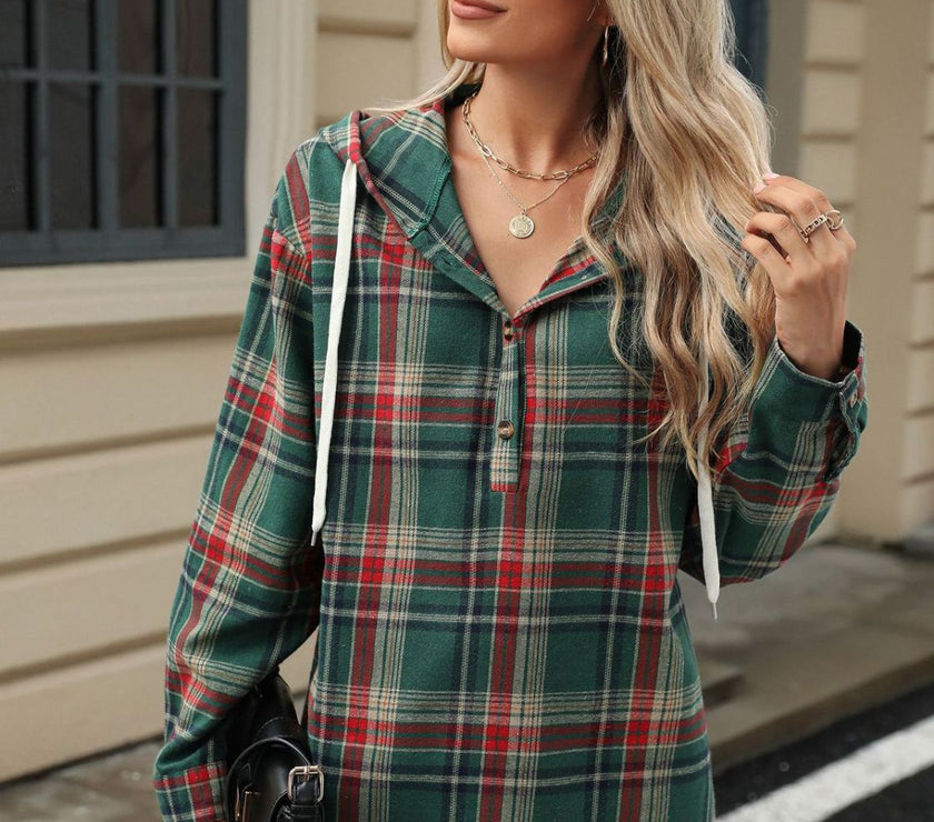 Drawstring Plaid Hooded Long Sleeve Top